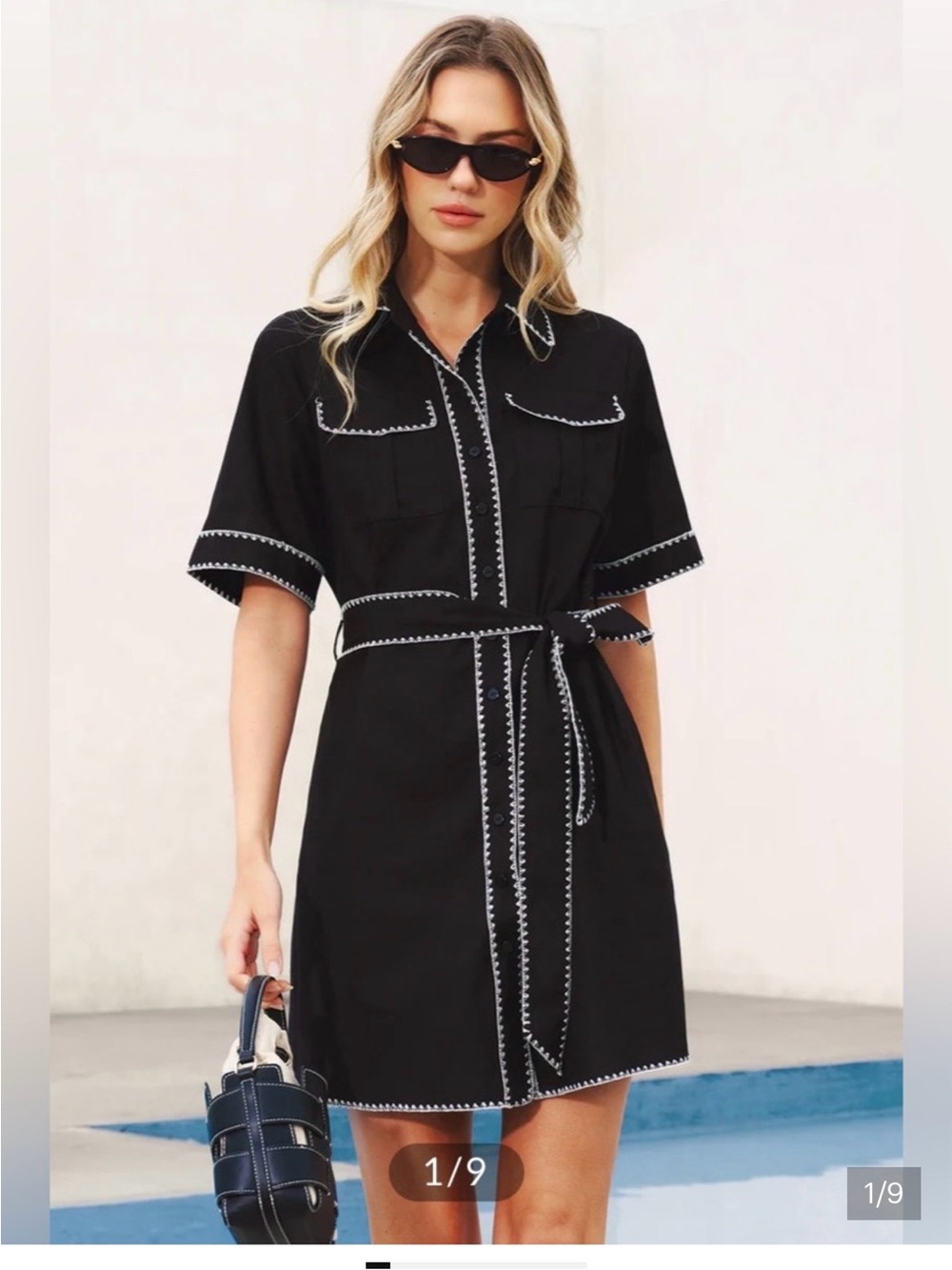 Commense Black Mini Shirt Dress with White Trim
